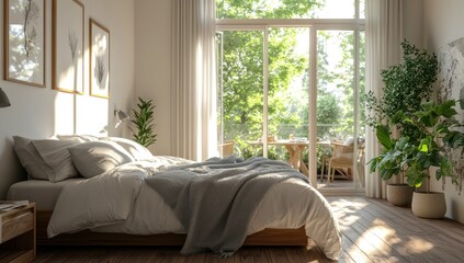 A serene bedroom bathed in natural light with a view of a garden.