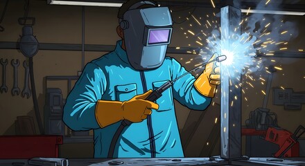 Welder Working on Metal with Protective Gear and Bright Sparks