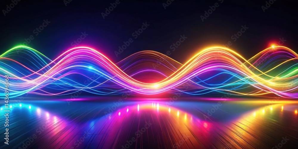 Poster abstract vibrant rainbow light trails flowing across a reflective surface