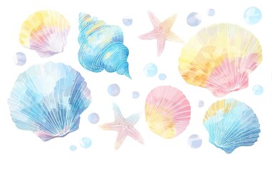 Fototapeta premium Watercolor pastel blue, pink, and yellow sea shells clipart on a white background, with sea stars