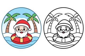 Cartoon Santa Claus Relaxing in Sea with Buoy and Palm Trees,