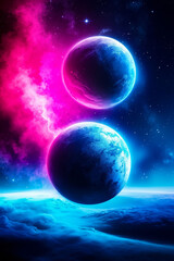 Obraz premium Two planets in the sky with clouds and stars in the background