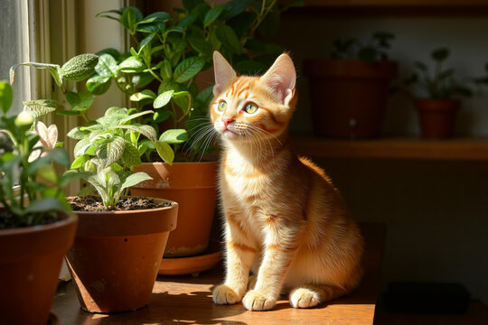 A small orange cat sitting on a window sill next to a potted plant