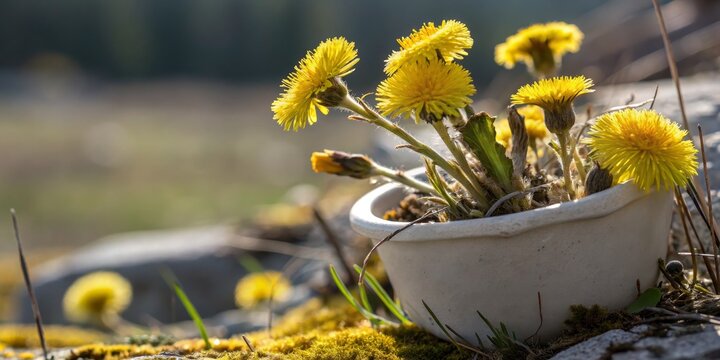 Tussilago Farfara in a Pot Close-up Macro Photography of Yellow Flowers, shallow depth of field, spring blooms, nature photography spring flowers, wildflower photography