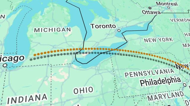 Travel Animation from New York to Chicago USA with bounce pin locations