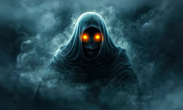 A spooky ghost figure with glowing eyes emerges from the fog. Perfect for Halloween or horror themed projects.
