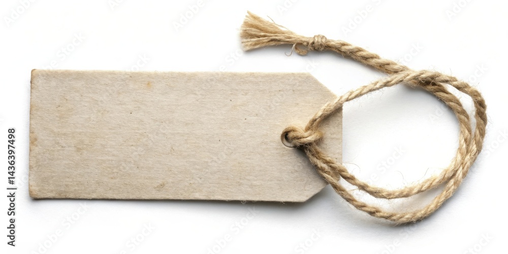 Poster A blank, rustic, rectangular tag with a natural fiber rope attached, perfect for adding your own text or design.