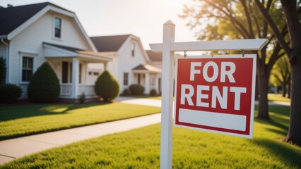 Suburban House for Rent Sign on Lawn - Residential Rental Property in Neighborhood