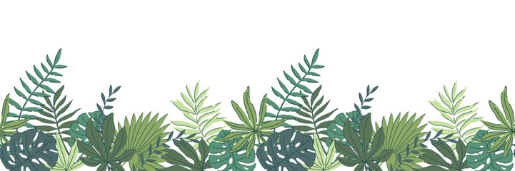 Hand drawn jungle leaves seamless banner with monstera, palm, fern. Vector illustration in modern tropical style. Green nature design for decoration, print, invitation, textile, eco interior