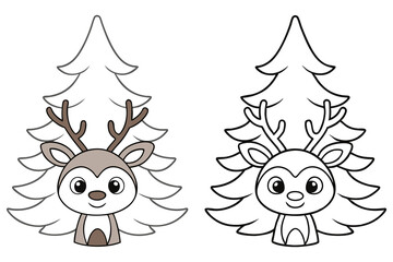Deer Cartoon Character with Christmas Tree Outline on White Background Design