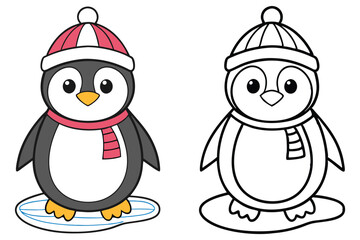 Penguin Clipart with Hat and Scarf on Iceberg, Black and White Outline Cartoon