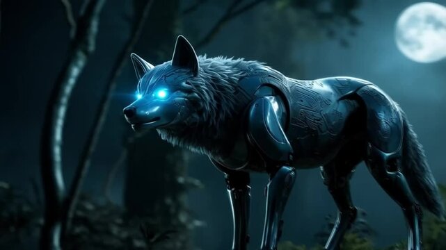 A robot wolf stands in the forest at night.  Smooth repeating motion for background video animation