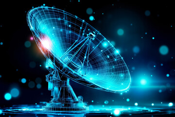 A satellite dish on a black background with blue lights