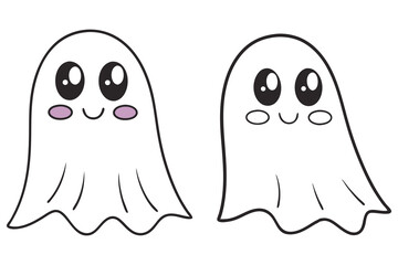 Two White Cute Ghosts Cartoon with Big Eyes Smiling on Transparent Background