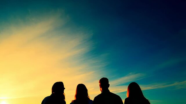Four silhouetted people stand side by side gazing at a beautiful sunrise, the sky transitioning from warm yellow to deep blue above an unseen landscape. Concept of unity and new beginnings