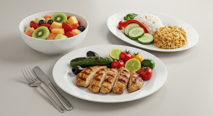 Three plates with different food items: fruit salad chicken and rice with vegetables.
