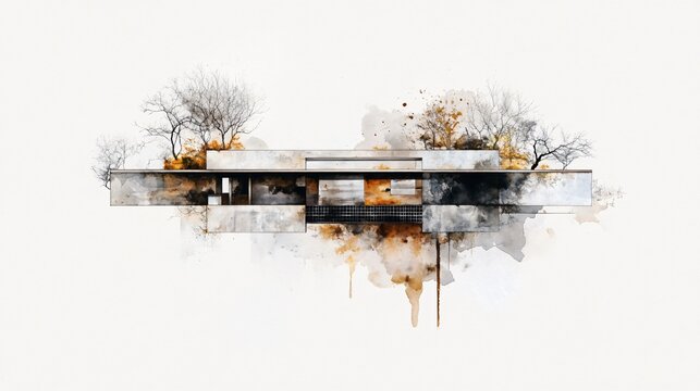 A loose watercolor rendering of a low carbon office pavilion with living facade and charcoal undercroft grid showing passive cooling tunnels