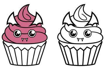 Spooky Vampire Cupcake with Fangs, Wings, Pink Icing and Outlined White Cupcake Liner