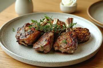 Gourmet herbcrusted lamb chops garnished with fresh thyme on ceramic plate in elegant dining setting
