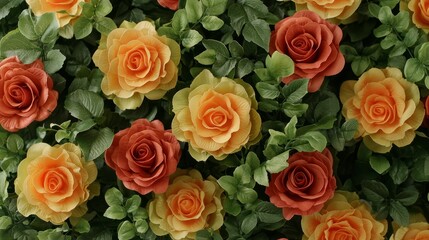 Naklejka premium Rose display with shades of orange and green leaves