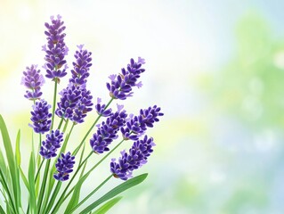 Fototapeta premium Vibrant purple lavender blossoms against a soft, blurred background of green and blue hues, suggesting a tranquil outdoor setting