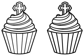 Two Outline Cupcakes with Crosses Decorating the Frosting on Transparent Background
