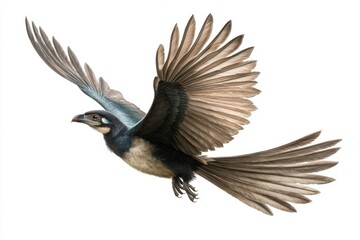 Fototapeta premium Microraptor gliding between trees in a dense forest with impressive wing span