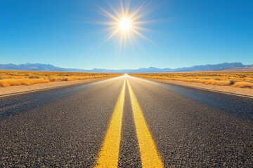 Fototapeta premium Sun shining over an empty road, casting long shadows.