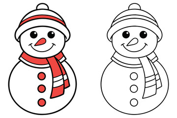 Snowman Coloring Page Outlines with Hat and Scarf, Two Style Isolated on White