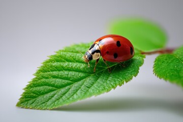 Obraz premium Ladybug resting on a vibrant green leaf with a striking red shell showcasing nature's delicate beauty