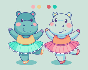 Adorable Ballet Hippopotamus Duo Cartoon Illustration