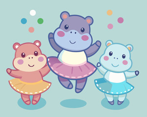Three Adorable Hippos in Tutu Skirts Dancing Joyfully