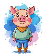 Adorable Cartoon Pig Wearing Sweater and Jeans