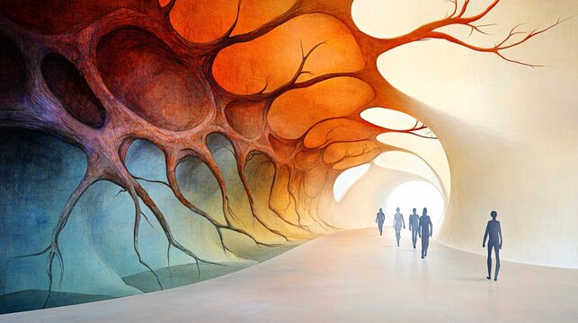 An artistic watercolor and ink depiction of a biomimetic research lab with curved organic walls and root inspired undercroft structures