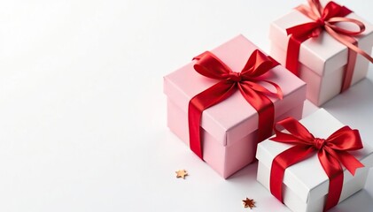 Obraz premium Elegant red ribbon adorned gift boxes on white background, wrapping, wallpaper