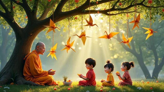 Vesak, Buddha Purnima. Bodhi tree. Monk sits under a tree with a group of children. The man is a Buddhist monk and the children are sitting on the ground. The scene is peaceful and serene
