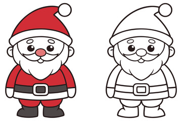 Two Cartoon Santa Clauses One Red Color, Other in Black Outline on White