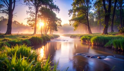 Río brumoso que serpentea a través de exuberantes humedales verdes al amanecer, fotografía hiperrealista,