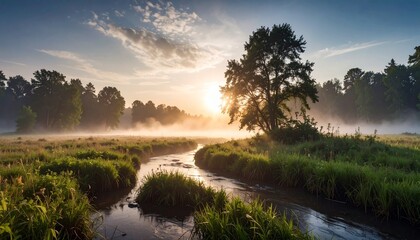 Río brumoso que serpentea a través de exuberantes humedales verdes al amanecer, fotografía hiperrealista,