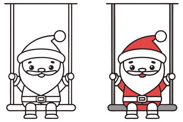 Cheerful Santa Claus on Swing Cartoon, One Colorless, Red and White, Isolated on White