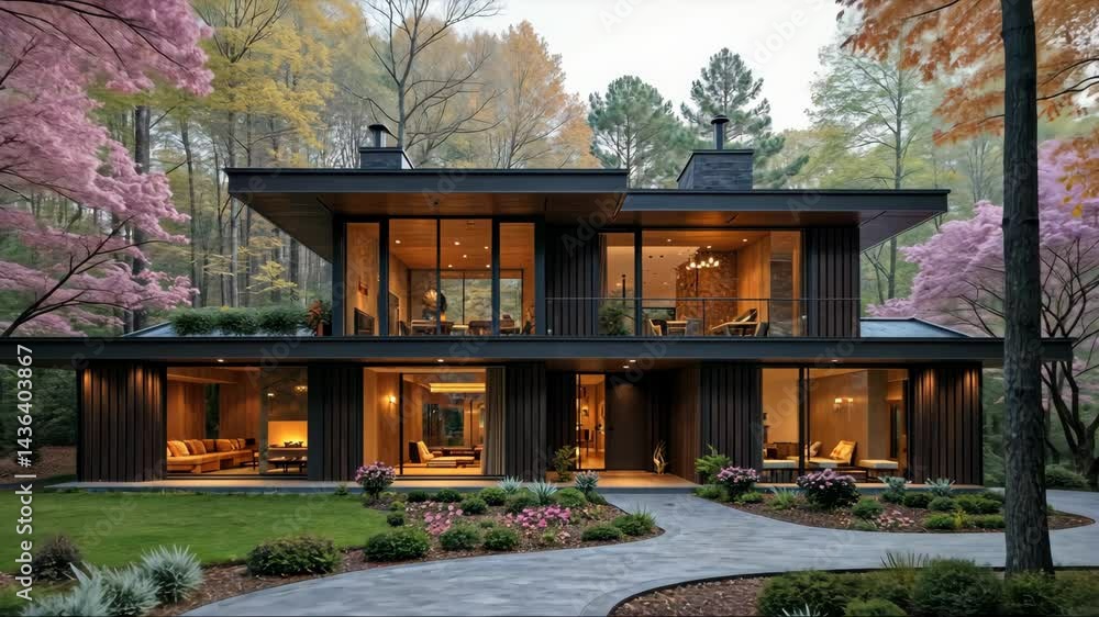 Poster large house with a large yard and a path leading to it. the house is surrounded by trees and has a l