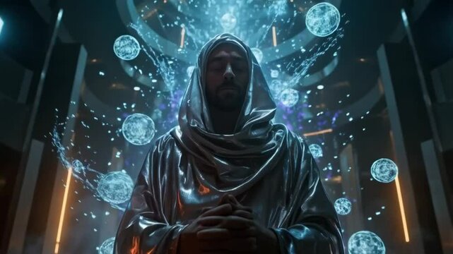 A man in a silver robe stands in front of a blue background with a glowing ball in the center. Smooth repeating motion for background video animation