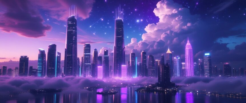 majestic purple city skyline with skyscrapers and clouds