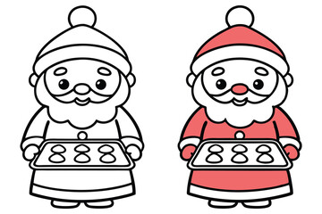 Outlined cartoon Santa Claus holding cookie sheet festive coloring page