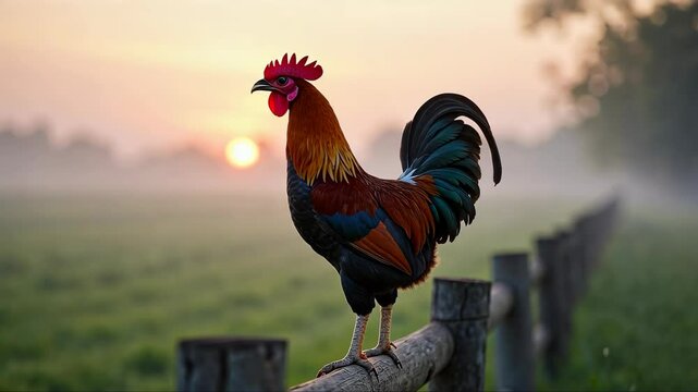 Rooster stands on a wooden fence post in a field. The rooster is red and black with a yellow beak. The sun is setting in the background