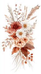 Rustic bouquet of wildflowers and grasses in muted tones.