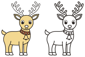 Cartoon Reindeer with Antlers and Bell Collar, Full Color & Outline Version