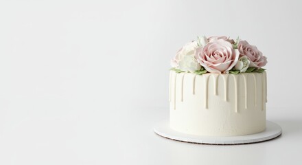 White cake decorated with pink and white flowers on a white background.