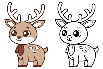 Cute Outline Cartoon Reindeer with Spots, Scarf, and Antlers on Transparent Background