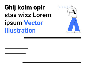 Person holding 5-star review card, surrounded by large text blocks and lines for feedback, testimonials, or marketing. Ideal for review concepts, branding, user satisfaction, testimonials, marketing